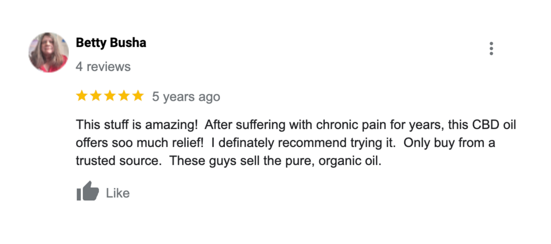 Positive customer review for The Kokoro Way top-quality CBD products from a trusted Buffalo, New York brand, highlighting chronic pain and pure organic oil