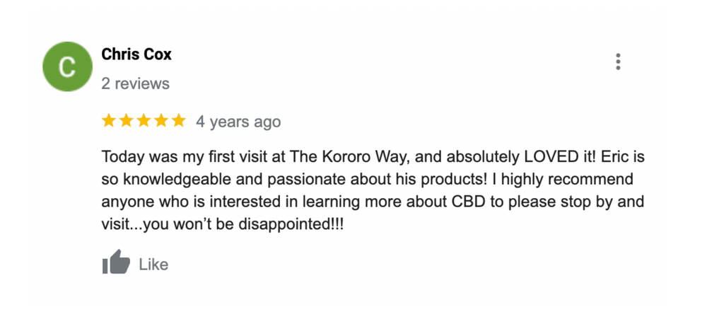 Positive customer review for The Kokoro Way top-quality CBD products from a trusted Buffalo, New York brand, highlighting their satisfaction on the first store visit