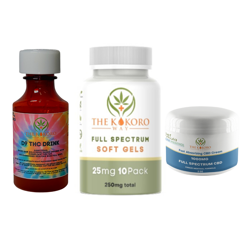 Our Feel good all over bundle includes our Full Spectrum CBD cream to target muscle aches and bodily pains, CBD Soft Vegan Gel capsules to support your overall well being and target anxiety, stress, pain, and other associated ailments. Enjoy our 100mg Delta9 Drink added to any liquid or beverage of your choice to provide uplifting effects and a great night's sleep!